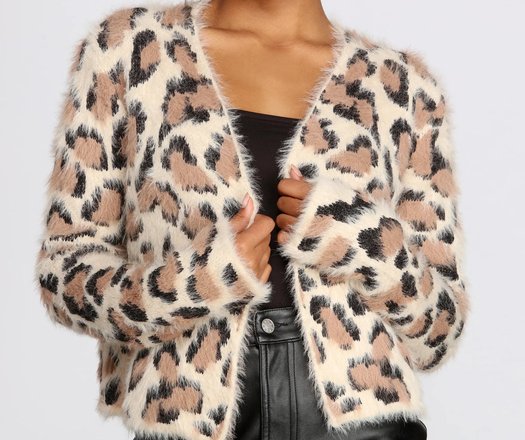 Cardigan in maglia con stampa leopardata e ciglia