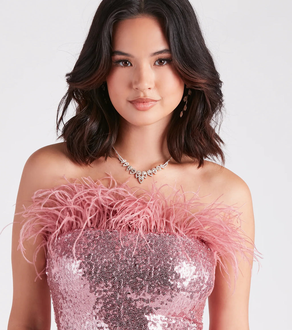 Abito midi formale Marlin con paillettes e piume