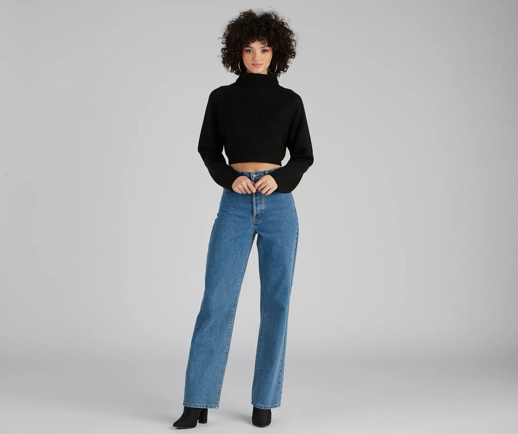 Camisola Básica de Malha Canelada com Gola Alta
