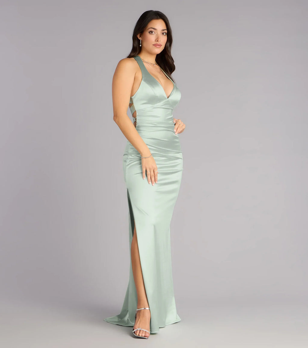 Vestido Formal de Coluna em Cetim com Amarre a Cruzar Jamie