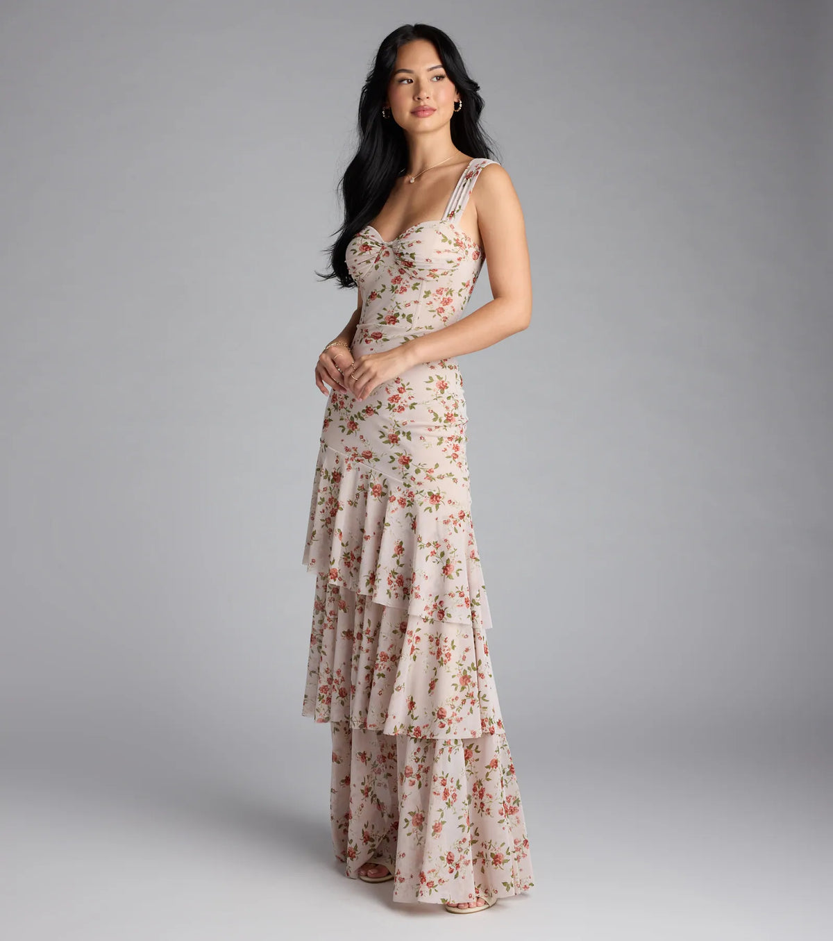 Vestido Formal Melonie com Corsé, Babados e Estampa Floral Sereia