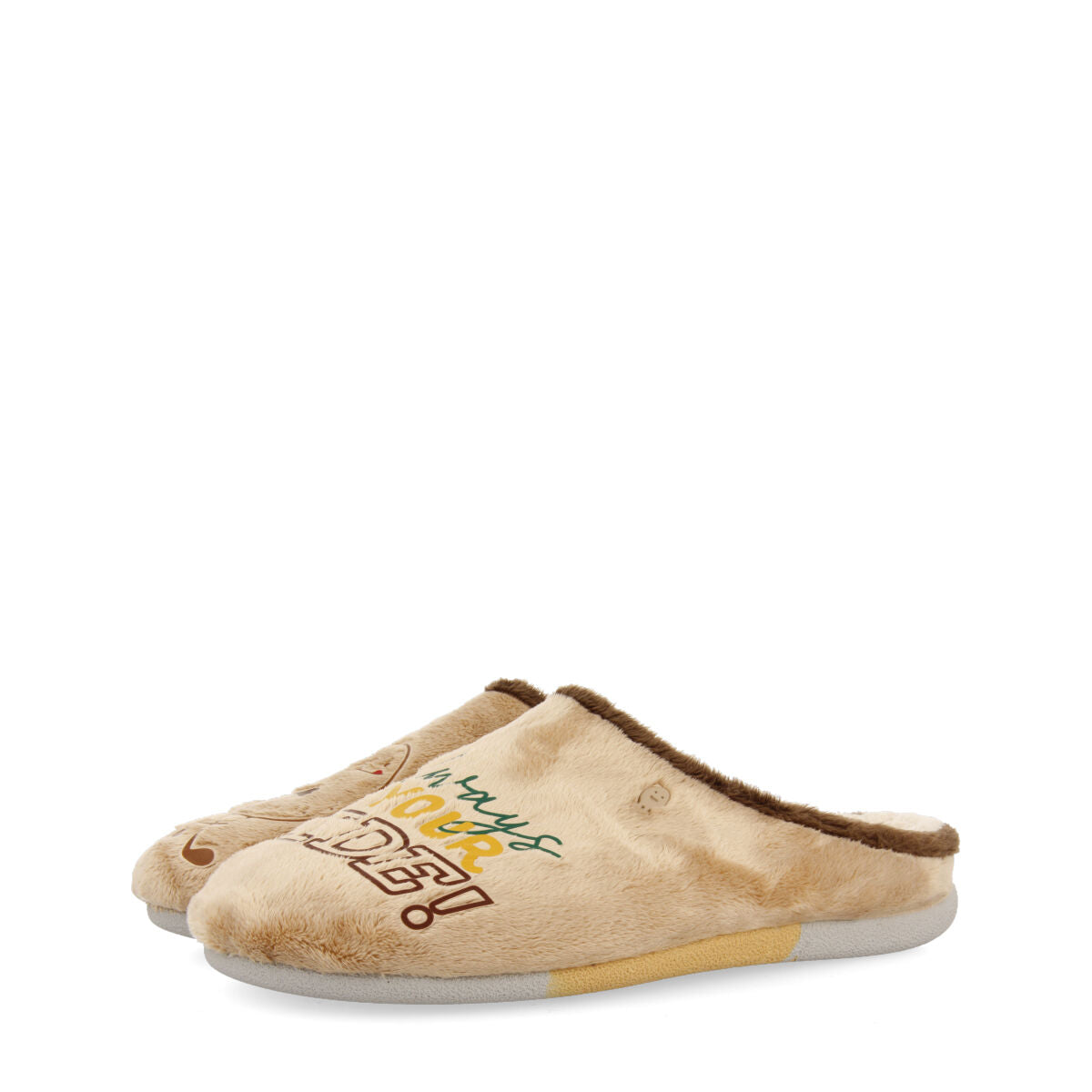 BEIGE FUR SLIPPERS WITH PATATILLA PRINT AND MESSAGE GOLSPIE