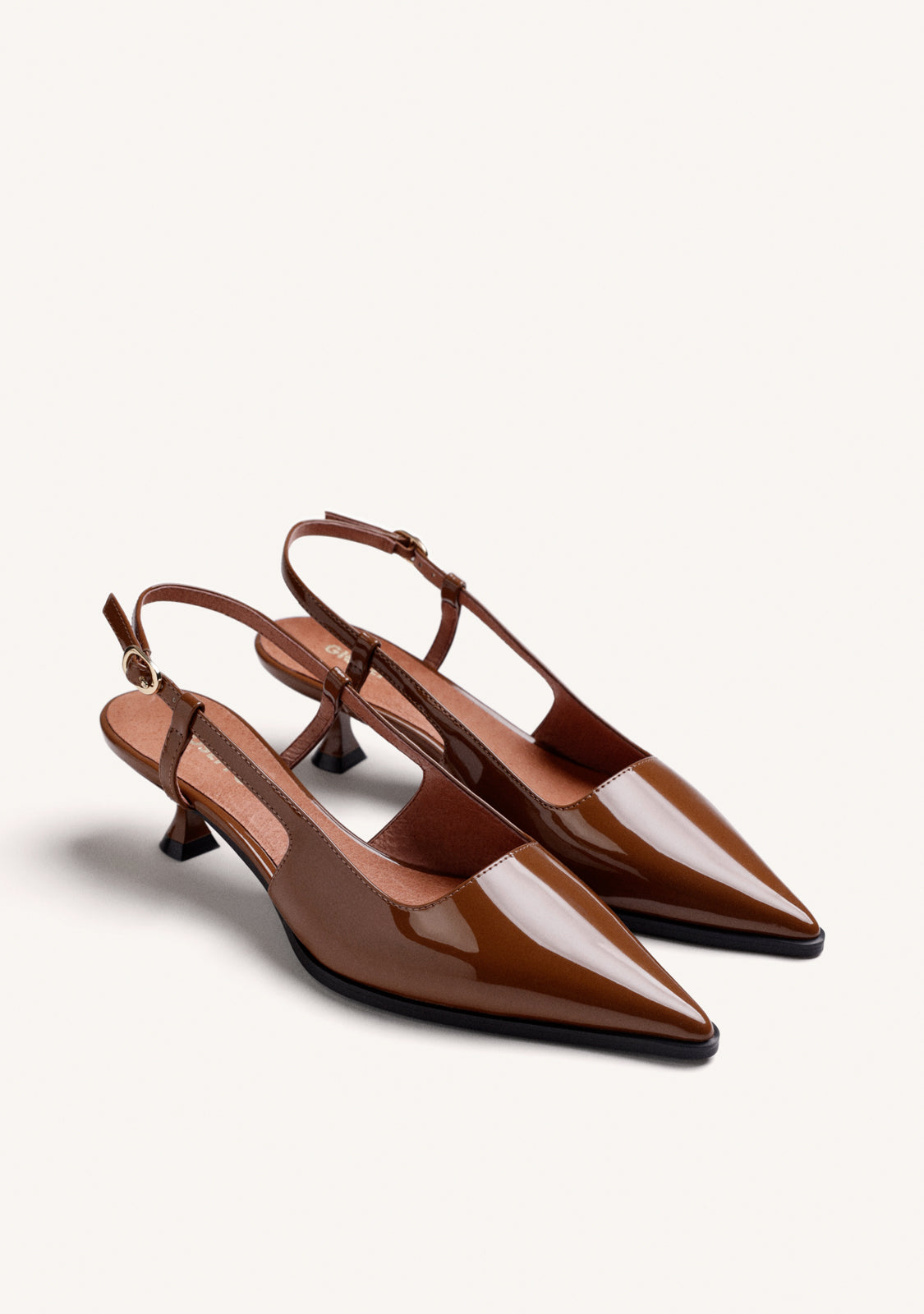 CAMEL OPEN-BACK PATENT EFFECT HEEL SHOES