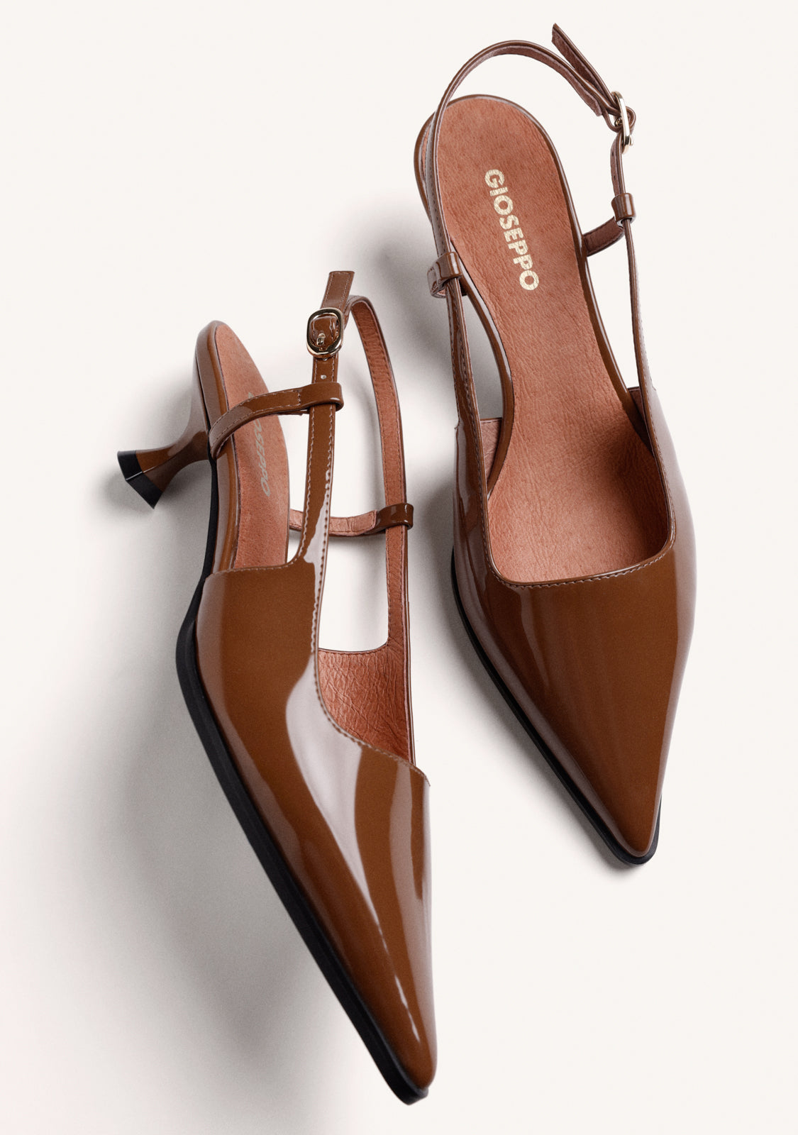 CAMEL OPEN-BACK PATENT EFFECT HEEL SHOES