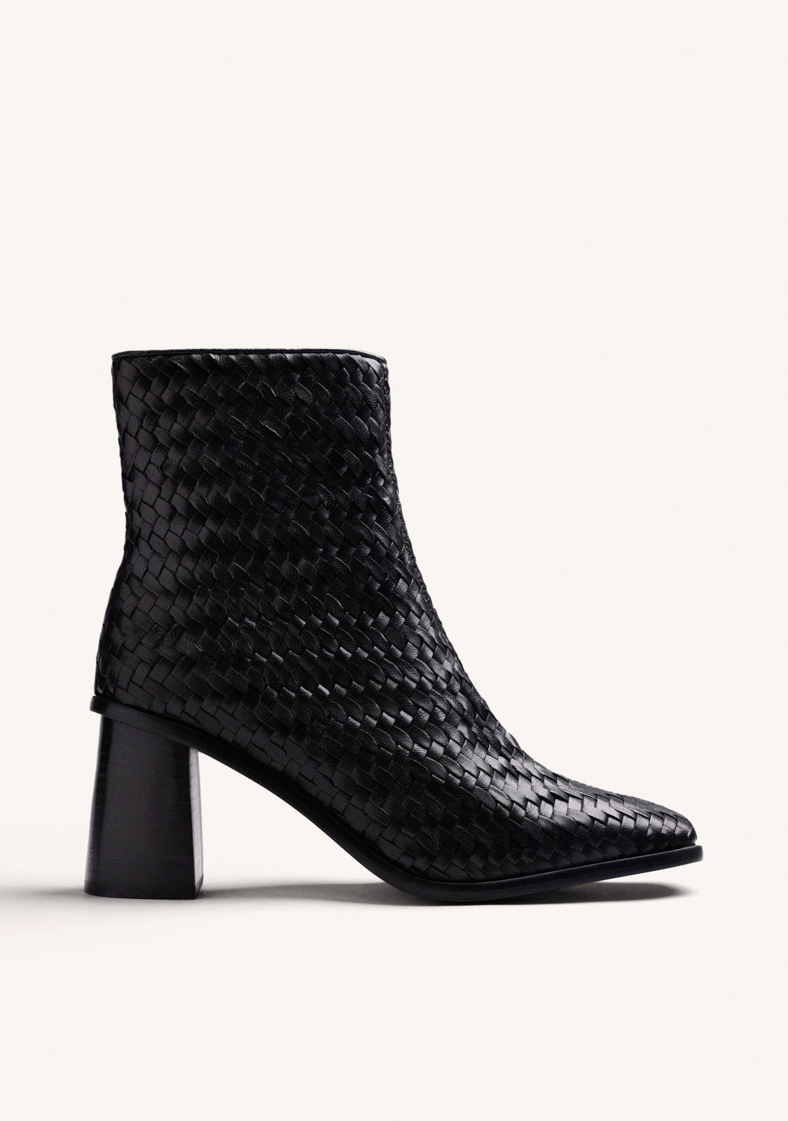 BLACK WOVEN LEATHER ANKLE BOOTS