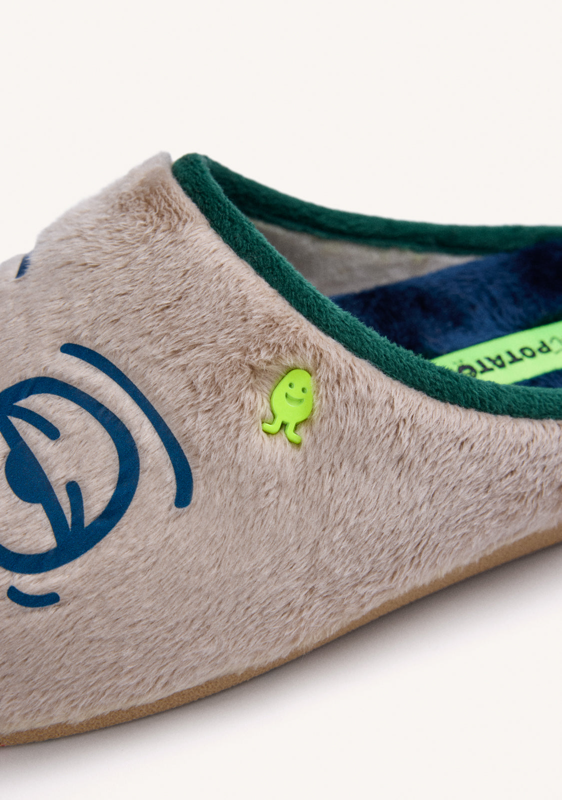 BEIGE FUR HOUSE SLIPPERS WITH DESIGN AND TEXT