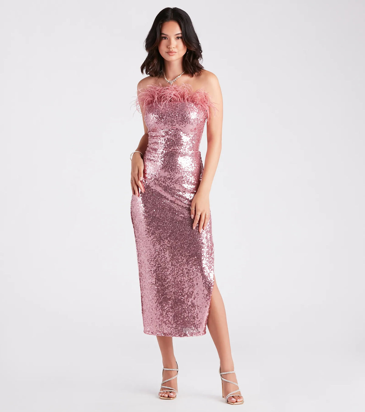 Abito midi formale Marlin con paillettes e piume