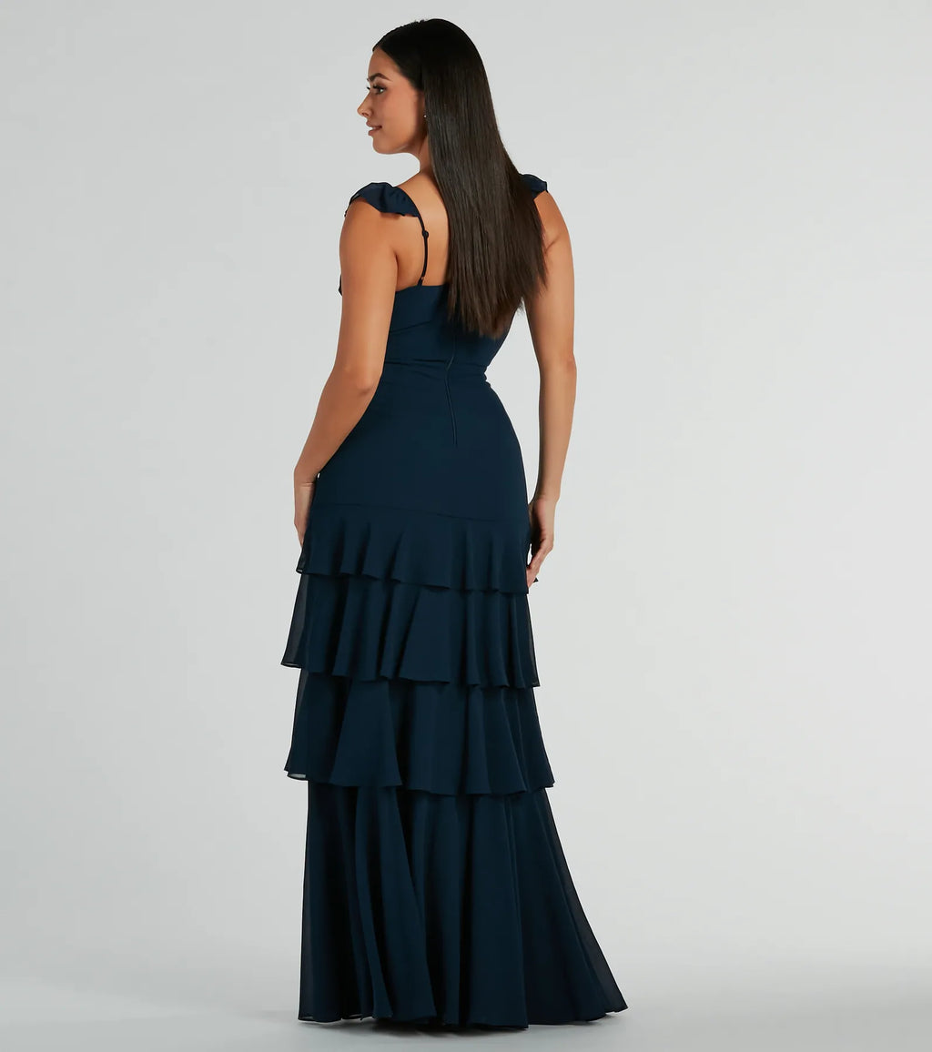 Vestido Formal Adalee em Chiffon com Alças Franzidas e Babete